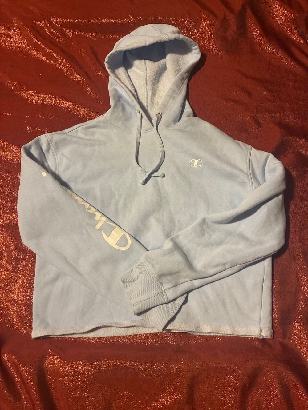 Champion Hoodie Mens M Light Blue Cropped Raw Hem Pullover C Logo